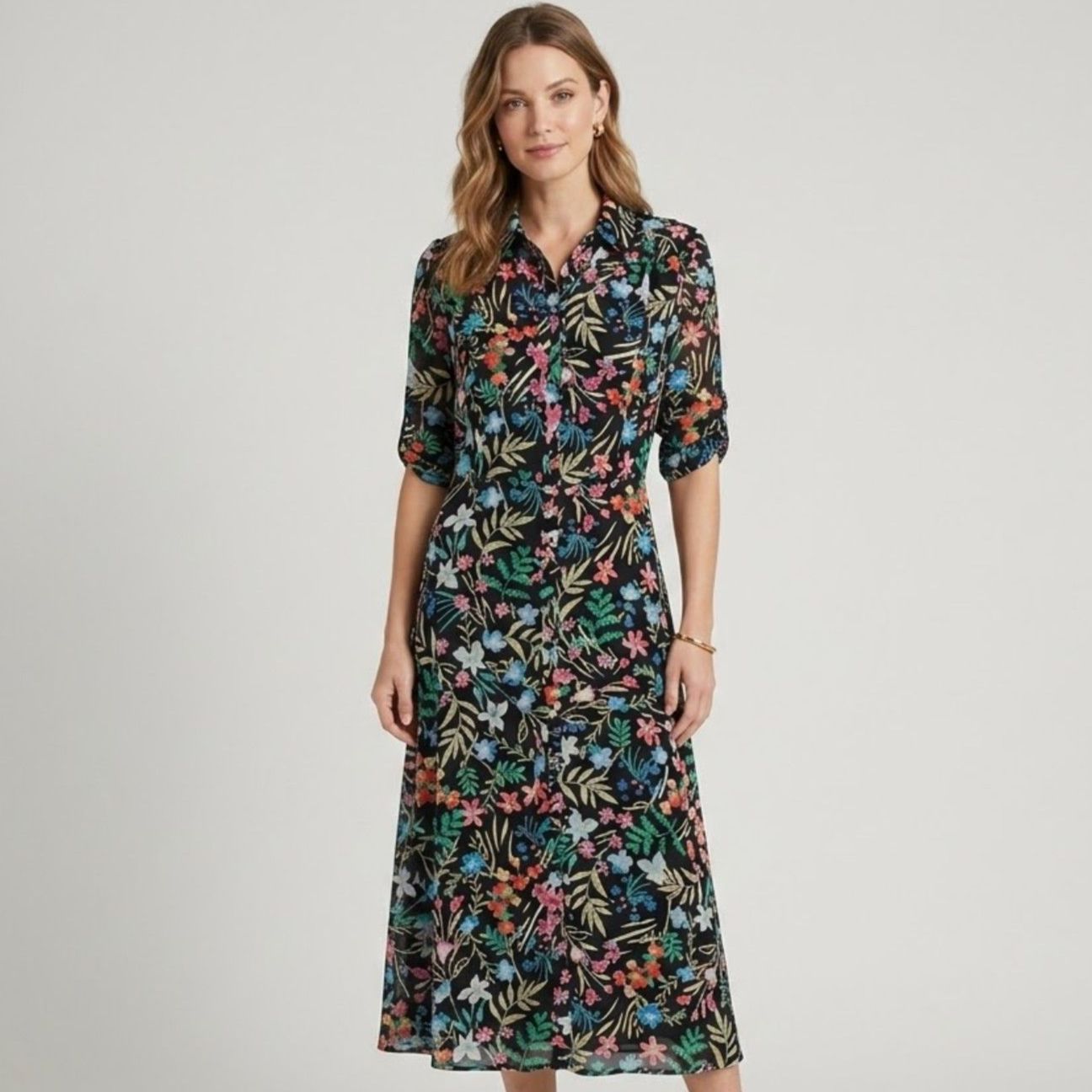 Maggy London Floral Chiffon Midi Shirt Dress Womens Sz 10 Sheer Spring Garden